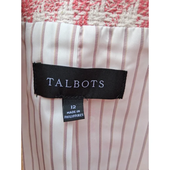 💐EUC TALBOTS Blazer Jacket Pink White Checkered Tweed Fringe Sz. 12 - Picture 10 of 14